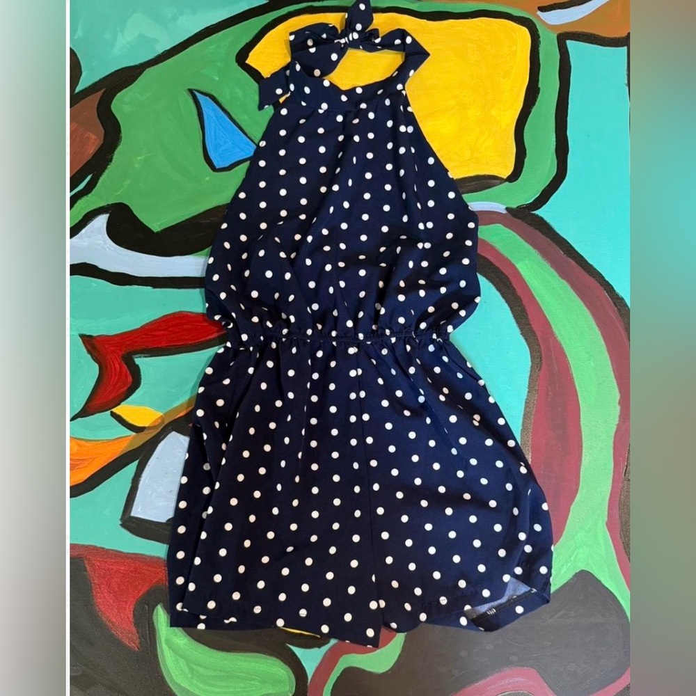 Navy and White Polka Dot Backless Romper Summer Lightweight Casual Preppy